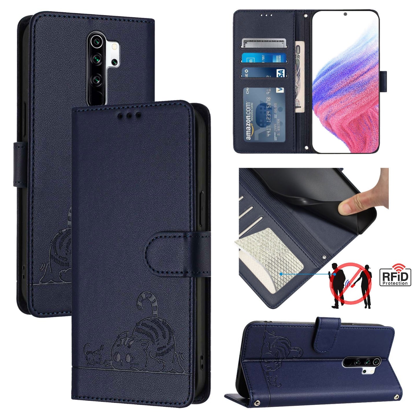 Xiaomi Redmi Note 8 Pro Cat & Rat Embossed RFID Leather Case, Lanyard, Wallet, Card Slots, Kickstand, Anti-Fall, Scratch-Resistant