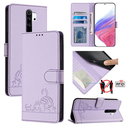 Xiaomi Redmi Note 8 Pro Cat & Rat Embossed RFID Leather Case, Lanyard, Wallet, Card Slots, Kickstand, Anti-Fall, Scratch-Resistant