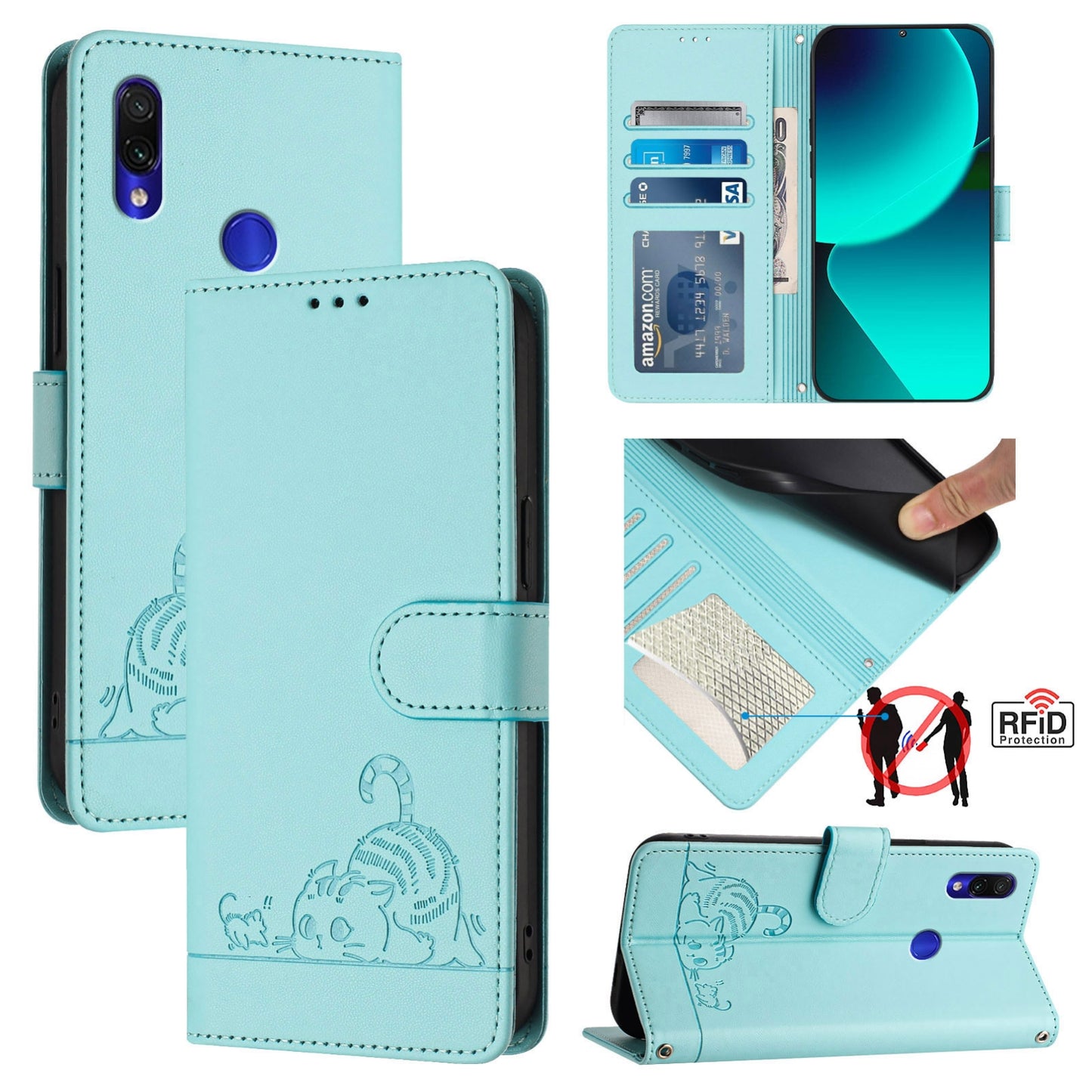Xiaomi Redmi Note 7 Cat & Rat Embossed RFID Leather Case, Lanyard, Wallet, Card Slots, Kickstand, Anti-Fall, Scratch-Resistant
