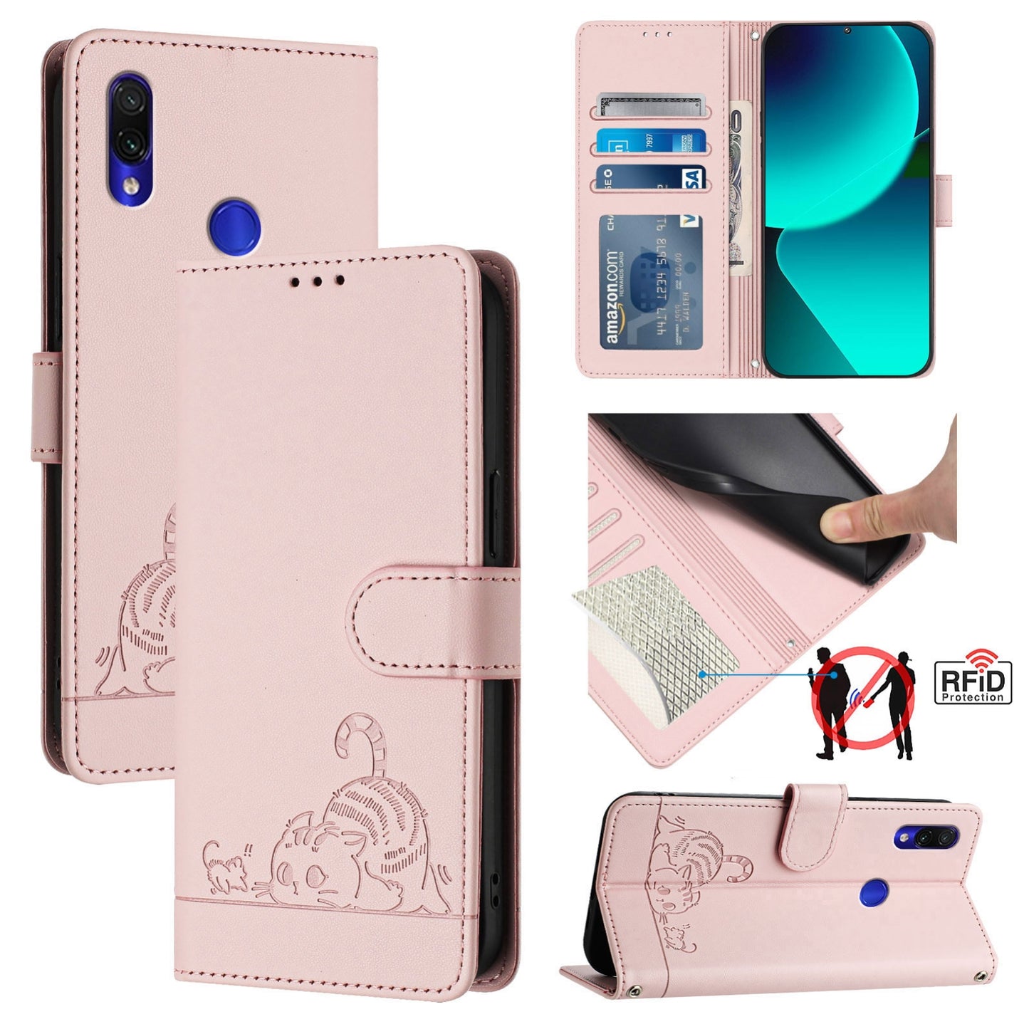 Xiaomi Redmi Note 7S Cat & Rat Embossed RFID Leather Case, Lanyard, Wallet, Card Slots, Kickstand, Anti-Fall, Scratch-Resistant