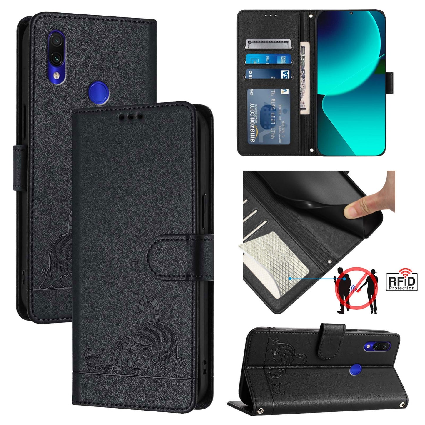 Xiaomi Redmi Note 7S Cat & Rat Embossed RFID Leather Case, Lanyard, Wallet, Card Slots, Kickstand, Anti-Fall, Scratch-Resistant
