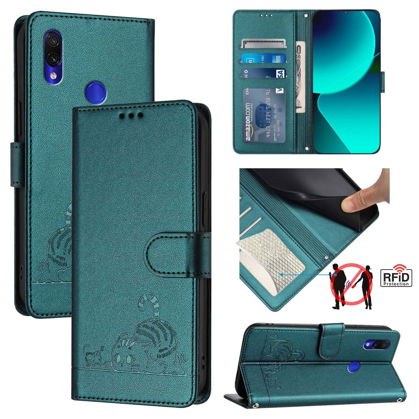 Xiaomi Redmi Note 7S Cat & Rat Embossed RFID Leather Case, Lanyard, Wallet, Card Slots, Kickstand, Anti-Fall, Scratch-Resistant