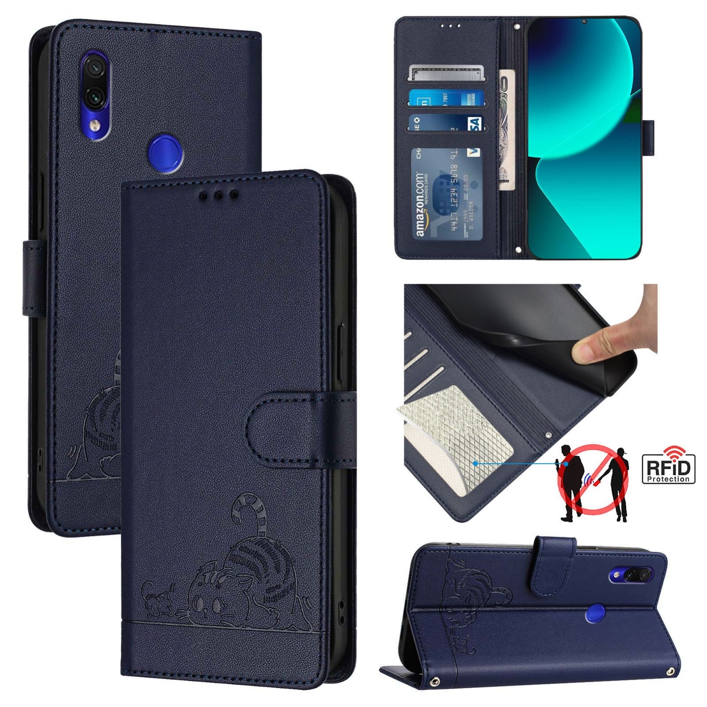Xiaomi Redmi Note 7S Cat & Rat Embossed RFID Leather Case, Lanyard, Wallet, Card Slots, Kickstand, Anti-Fall, Scratch-Resistant