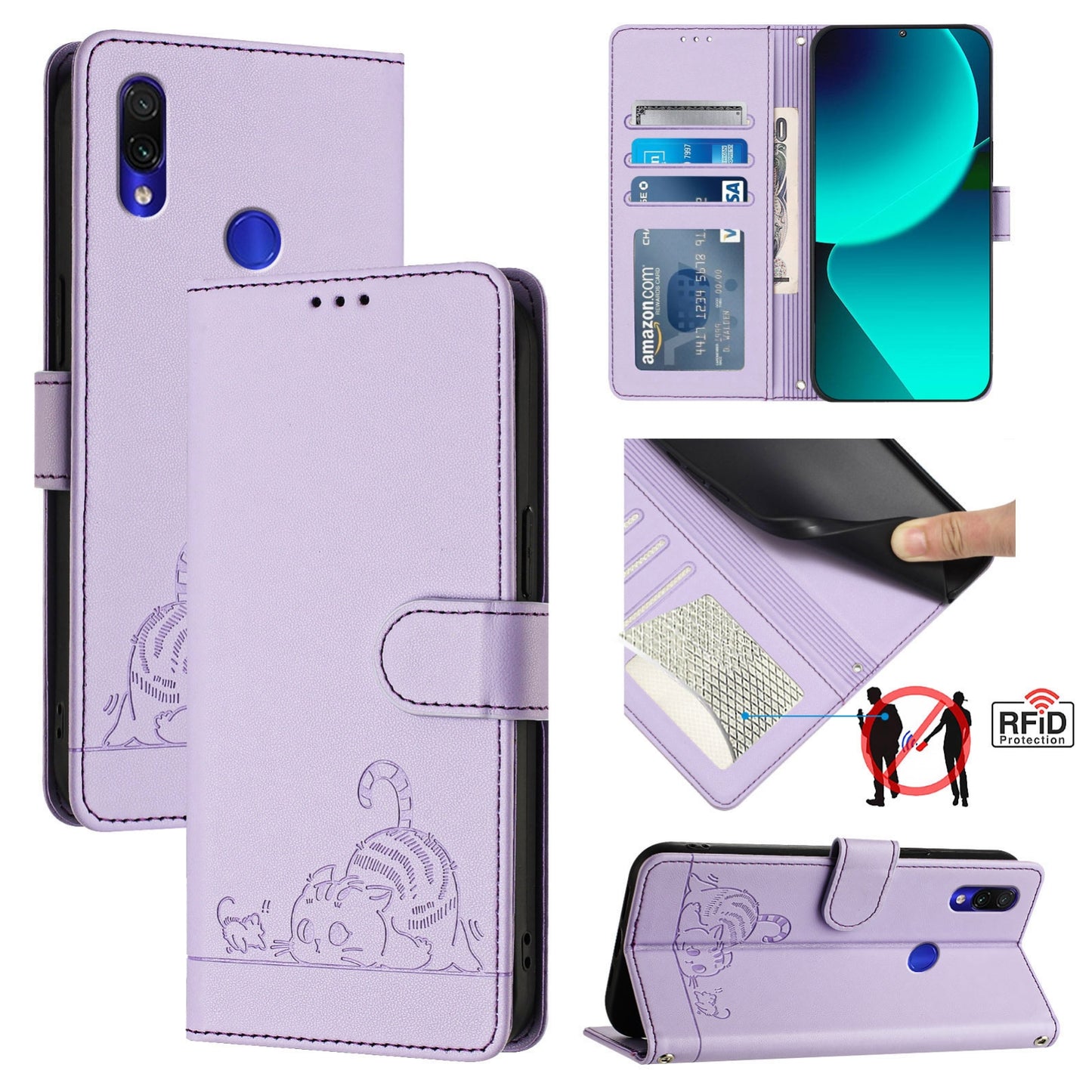 Xiaomi Redmi Note 7S Cat & Rat Embossed RFID Leather Case, Lanyard, Wallet, Card Slots, Kickstand, Anti-Fall, Scratch-Resistant