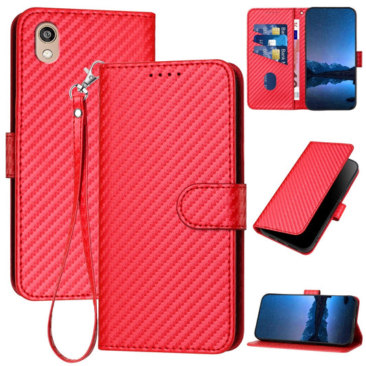 Honor 8S Carbon Fiber Buckle Leather Phone Case with Lanyard, PU Leather TPU Wallet Cover with Card Slot, Cash Compartment, Stand Function & Scratch Protection
