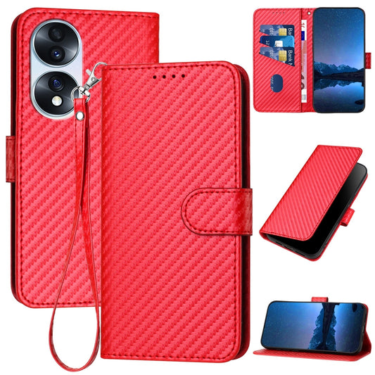 Honor 70 Carbon Fiber Buckle Leather Phone Case with Lanyard, PU Leather TPU Wallet Cover with Card Slot, Cash Compartment, Stand Function & Scratch Protection