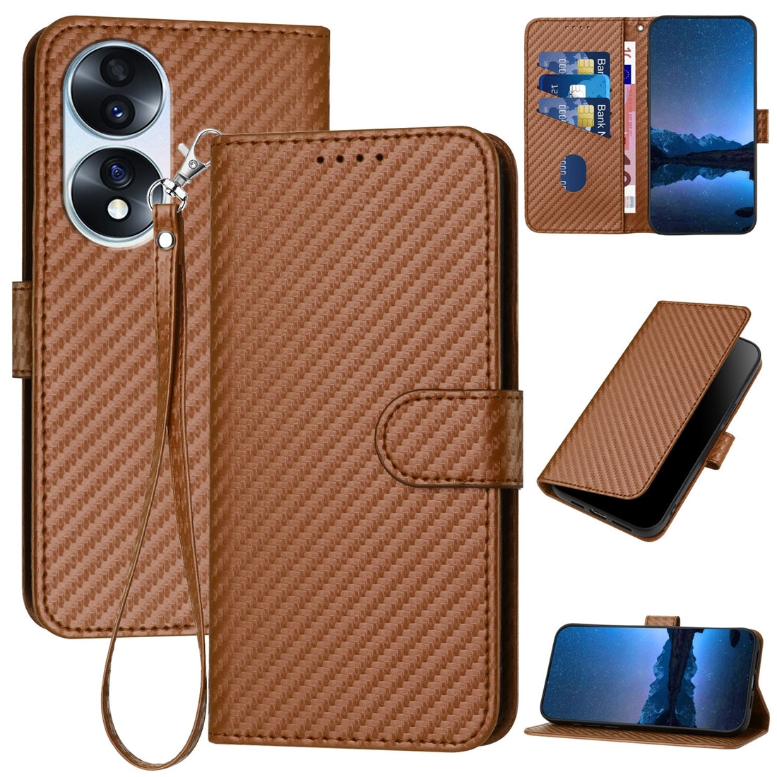 Honor 70 Carbon Fiber Buckle Leather Phone Case with Lanyard, PU Leather TPU Wallet Cover with Card Slot, Cash Compartment, Stand Function & Scratch Protection