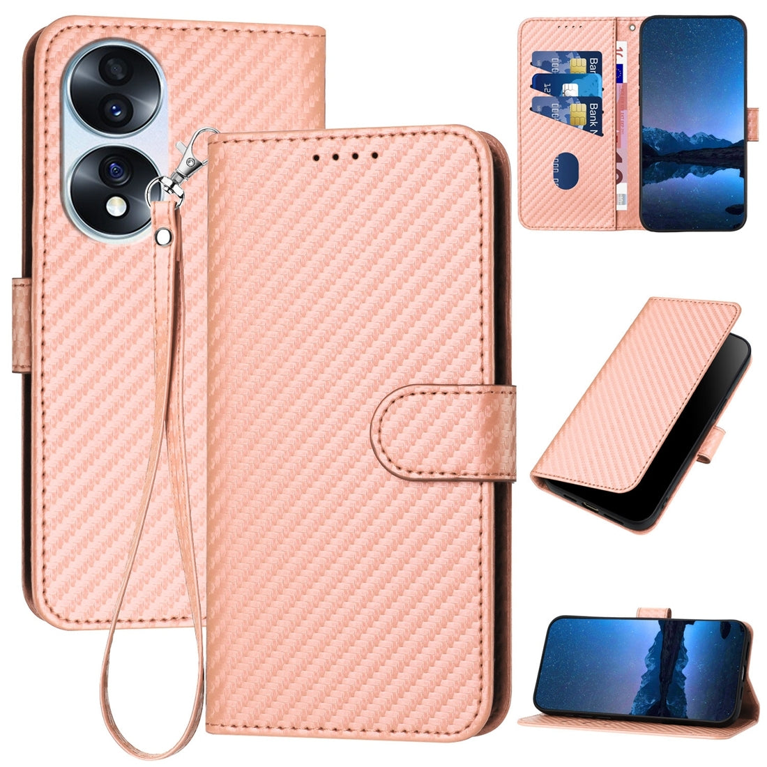 Honor 70 Carbon Fiber Buckle Leather Phone Case with Lanyard, PU Leather TPU Wallet Cover with Card Slot, Cash Compartment, Stand Function & Scratch Protection