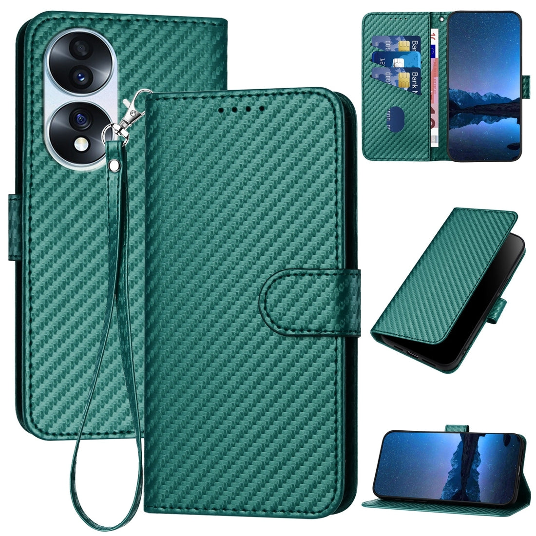 Honor 70 Carbon Fiber Buckle Leather Phone Case with Lanyard, PU Leather TPU Wallet Cover with Card Slot, Cash Compartment, Stand Function & Scratch Protection