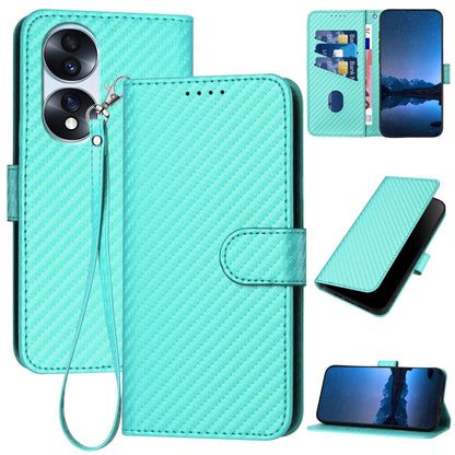 Honor 70 Pro+ Carbon Fiber Buckle Leather Phone Case with Lanyard, PU Leather TPU Wallet Cover with Card Slot, Cash Compartment, Stand Function & Scratch Protection