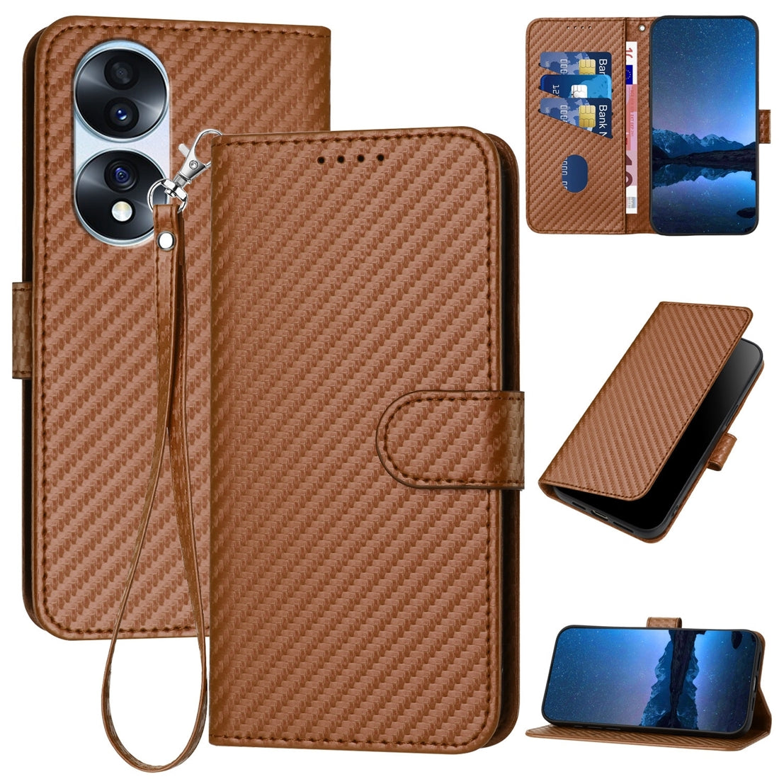 Honor 70 Pro+ Carbon Fiber Buckle Leather Phone Case with Lanyard, PU Leather TPU Wallet Cover with Card Slot, Cash Compartment, Stand Function & Scratch Protection