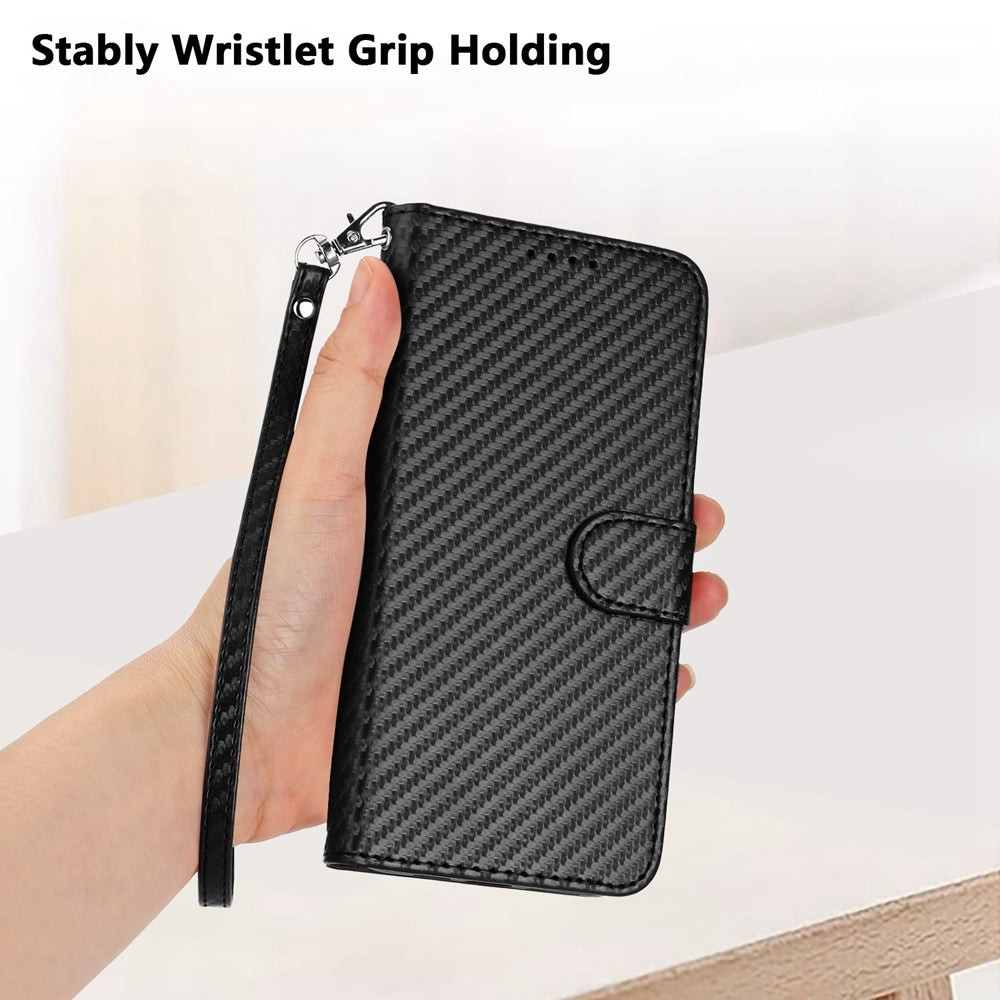 Honor 70 Pro+ Carbon Fiber Buckle Leather Phone Case with Lanyard, PU Leather TPU Wallet Cover with Card Slot, Cash Compartment, Stand Function & Scratch Protection