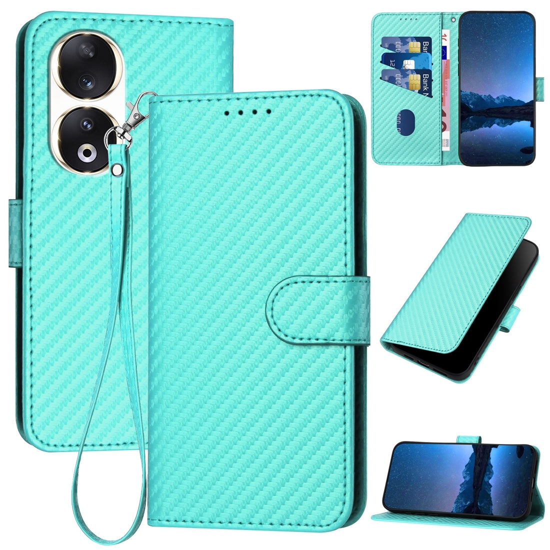Honor 90 Carbon Fiber Buckle Leather Phone Case with Lanyard, PU Leather TPU Wallet Cover with Card Slot, Cash Compartment, Stand Function & Scratch Protection
