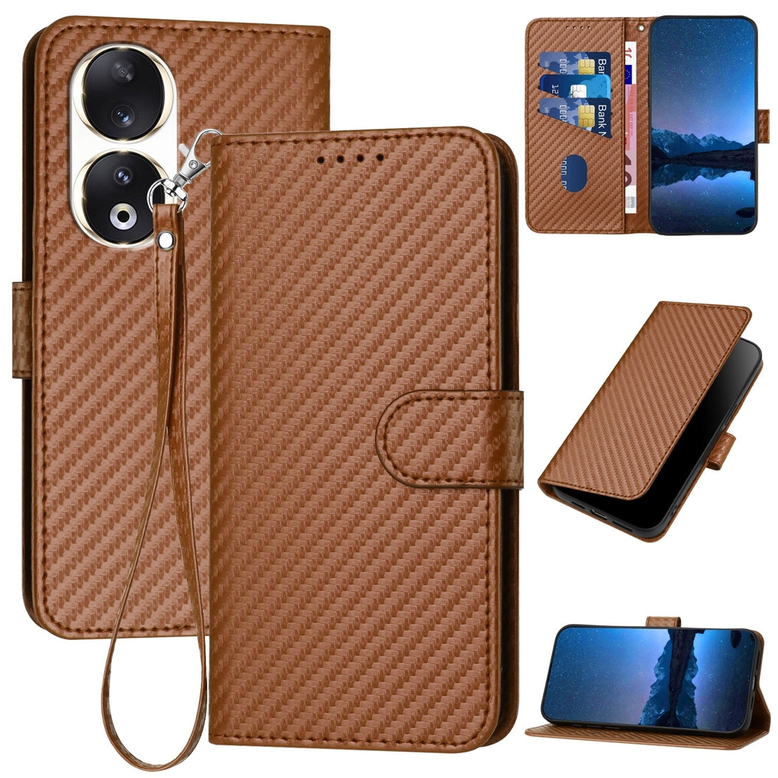 Honor 90 Carbon Fiber Buckle Leather Phone Case with Lanyard, PU Leather TPU Wallet Cover with Card Slot, Cash Compartment, Stand Function & Scratch Protection