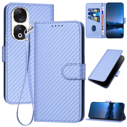Honor 90 Carbon Fiber Buckle Leather Phone Case with Lanyard, PU Leather TPU Wallet Cover with Card Slot, Cash Compartment, Stand Function & Scratch Protection