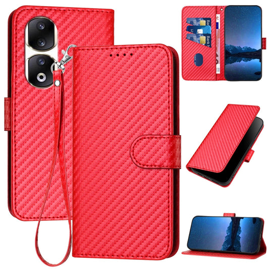 Honor 90 Pro Carbon Fiber Buckle Leather Phone Case with Lanyard, PU Leather TPU Wallet Cover with Card Slot, Cash Compartment, Stand Function & Scratch Protection