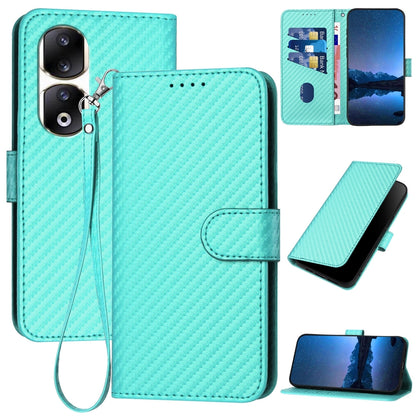 Honor 90 Pro Carbon Fiber Buckle Leather Phone Case with Lanyard, PU Leather TPU Wallet Cover with Card Slot, Cash Compartment, Stand Function & Scratch Protection