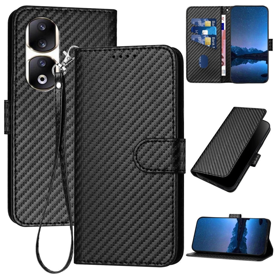 Honor 90 Pro Carbon Fiber Buckle Leather Phone Case with Lanyard, PU Leather TPU Wallet Cover with Card Slot, Cash Compartment, Stand Function & Scratch Protection