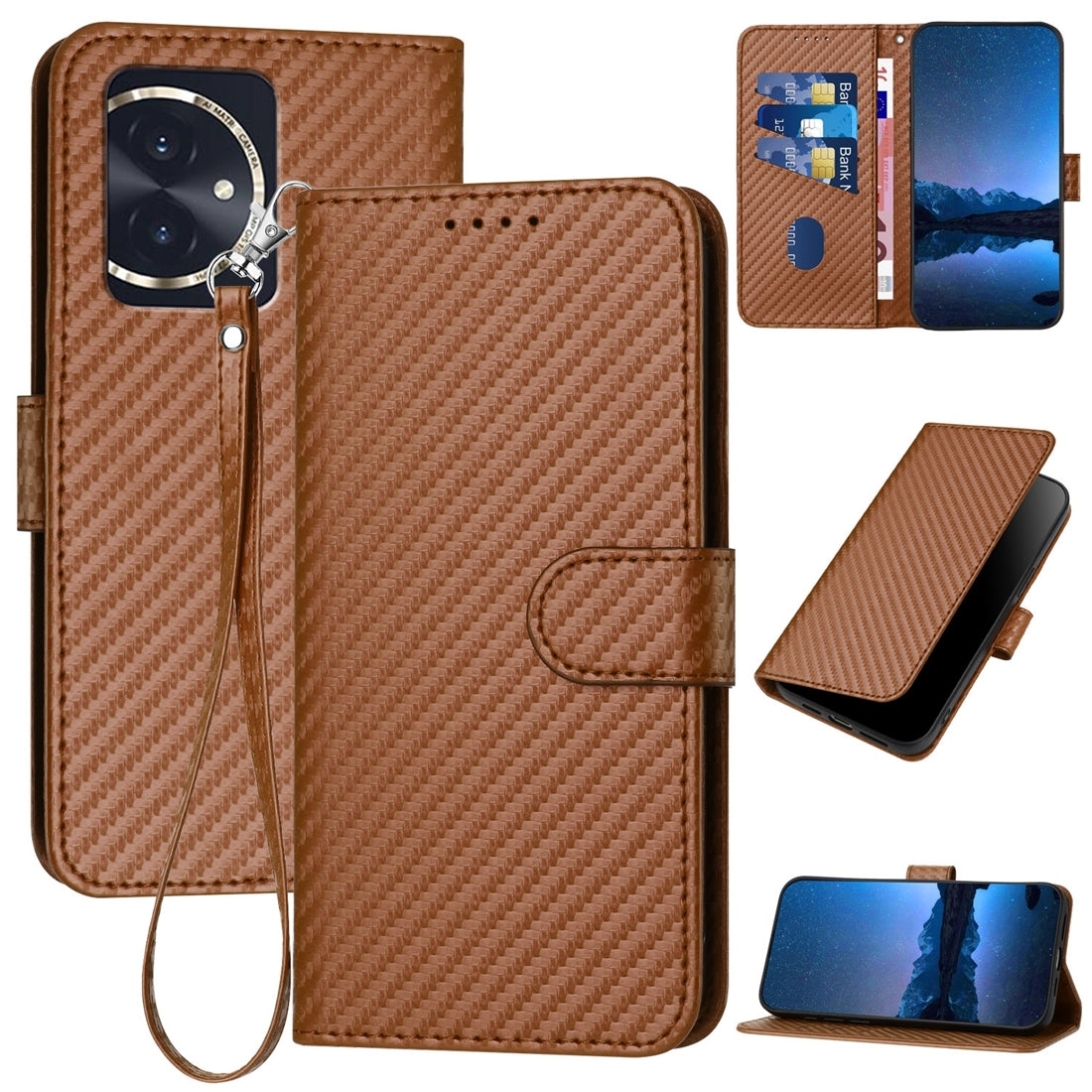 Honor 100 Carbon Fiber Buckle Leather Phone Case with Lanyard, PU Leather TPU Wallet Cover with Card Slot, Cash Compartment, Stand Function & Scratch Protection