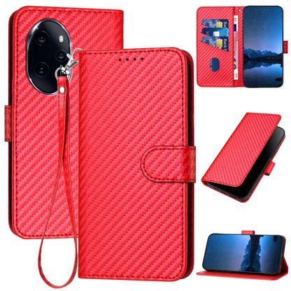 Honor 100 Pro Carbon Fiber Buckle Leather Phone Case with Lanyard, PU Leather TPU Wallet Cover with Card Slot, Cash Compartment, Stand Function & Scratch Protection