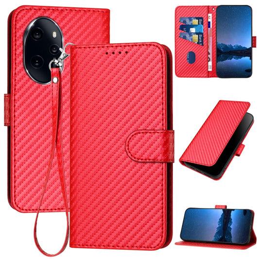 Honor 100 Pro Carbon Fiber Buckle Leather Phone Case with Lanyard, PU Leather TPU Wallet Cover with Card Slot, Cash Compartment, Stand Function & Scratch Protection