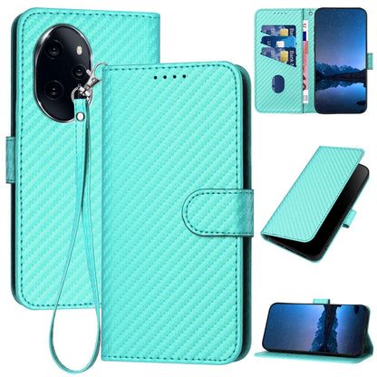 Honor 100 Pro Carbon Fiber Buckle Leather Phone Case with Lanyard, PU Leather TPU Wallet Cover with Card Slot, Cash Compartment, Stand Function & Scratch Protection