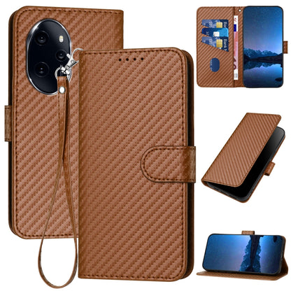 Honor 100 Pro Carbon Fiber Buckle Leather Phone Case with Lanyard, PU Leather TPU Wallet Cover with Card Slot, Cash Compartment, Stand Function & Scratch Protection