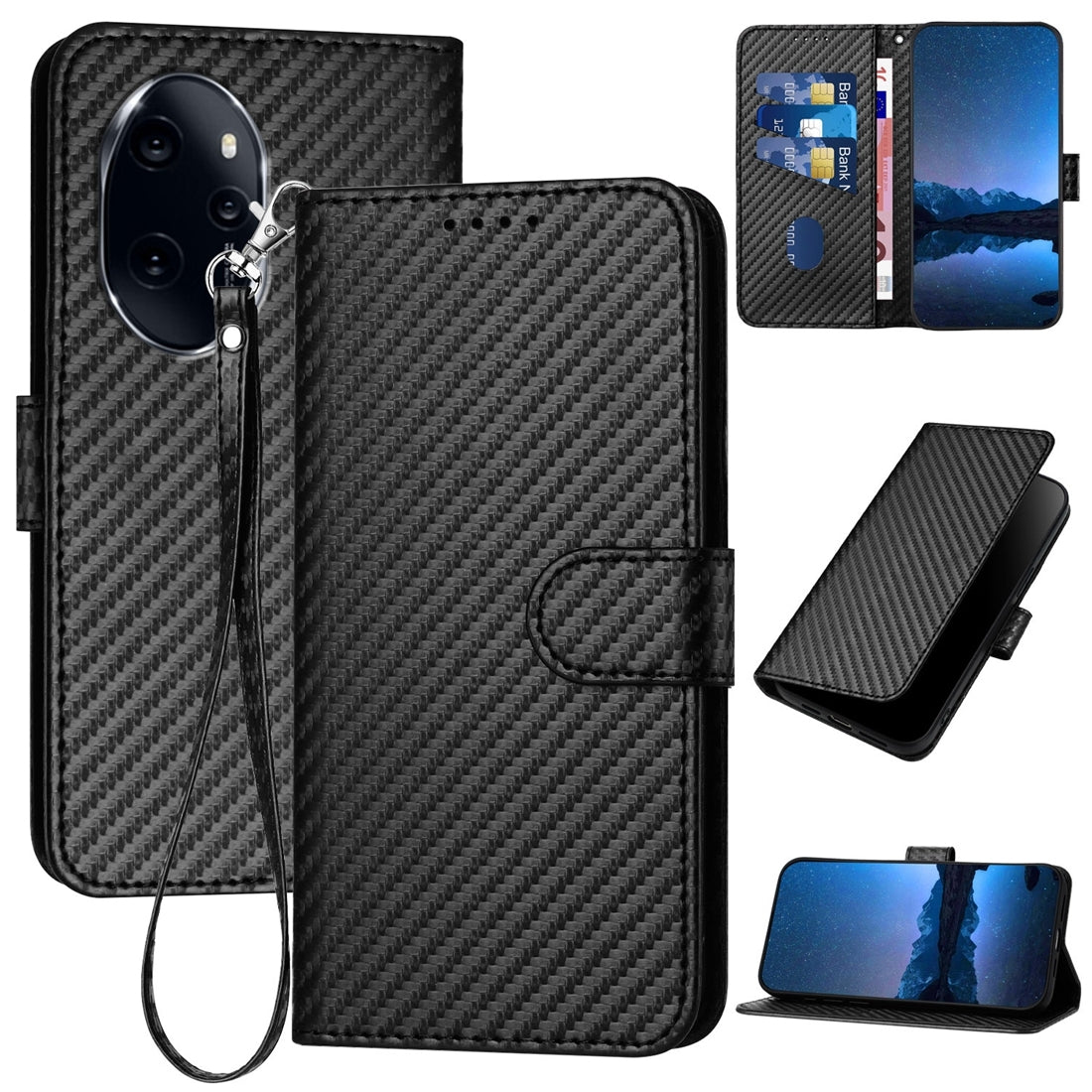 Honor 100 Pro Carbon Fiber Buckle Leather Phone Case with Lanyard, PU Leather TPU Wallet Cover with Card Slot, Cash Compartment, Stand Function & Scratch Protection