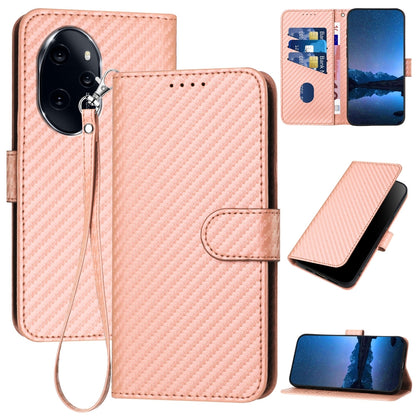 Honor 100 Pro Carbon Fiber Buckle Leather Phone Case with Lanyard, PU Leather TPU Wallet Cover with Card Slot, Cash Compartment, Stand Function & Scratch Protection