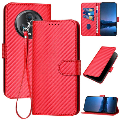 Honor Magic5 Pro Carbon Fiber Buckle Leather Phone Case with Lanyard, PU Leather TPU Wallet Cover with Card Slot, Cash Compartment, Stand Function & Scratch Protection