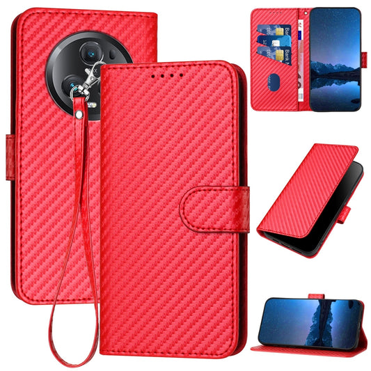 Honor Magic5 Pro Carbon Fiber Buckle Leather Phone Case with Lanyard, PU Leather TPU Wallet Cover with Card Slot, Cash Compartment, Stand Function & Scratch Protection