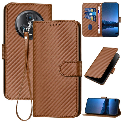 Honor Magic5 Pro Carbon Fiber Buckle Leather Phone Case with Lanyard, PU Leather TPU Wallet Cover with Card Slot, Cash Compartment, Stand Function & Scratch Protection