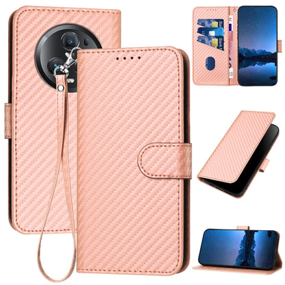 Honor Magic5 Pro Carbon Fiber Buckle Leather Phone Case with Lanyard, PU Leather TPU Wallet Cover with Card Slot, Cash Compartment, Stand Function & Scratch Protection