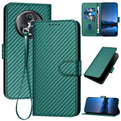 Honor Magic5 Pro Carbon Fiber Buckle Leather Phone Case with Lanyard, PU Leather TPU Wallet Cover with Card Slot, Cash Compartment, Stand Function & Scratch Protection