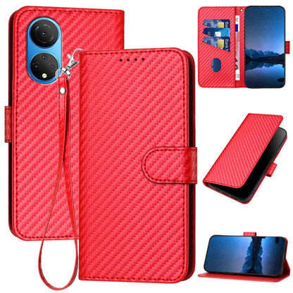 Honor Play 30 Plus Carbon Fiber Buckle Leather Phone Case with Lanyard, PU Leather TPU Wallet Cover with Card Slot, Cash Compartment, Stand Function & Scratch Protection