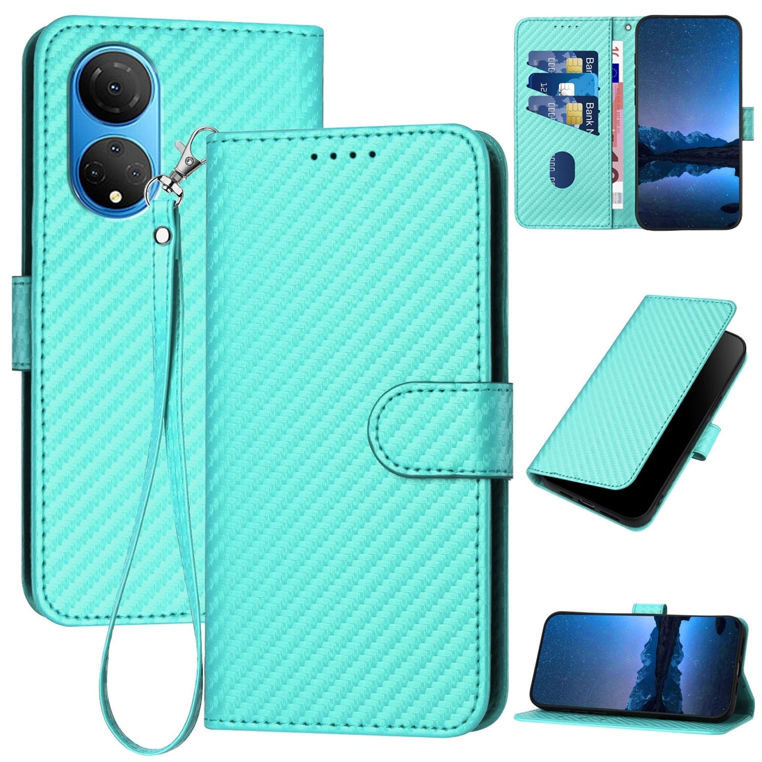 Honor X7 4G Carbon Fiber Buckle Leather Phone Case with Lanyard, PU Leather TPU Wallet Cover with Card Slot, Cash Compartment, Stand Function & Scratch Protection