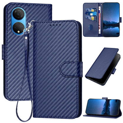 Honor X7 4G Carbon Fiber Buckle Leather Phone Case with Lanyard, PU Leather TPU Wallet Cover with Card Slot, Cash Compartment, Stand Function & Scratch Protection