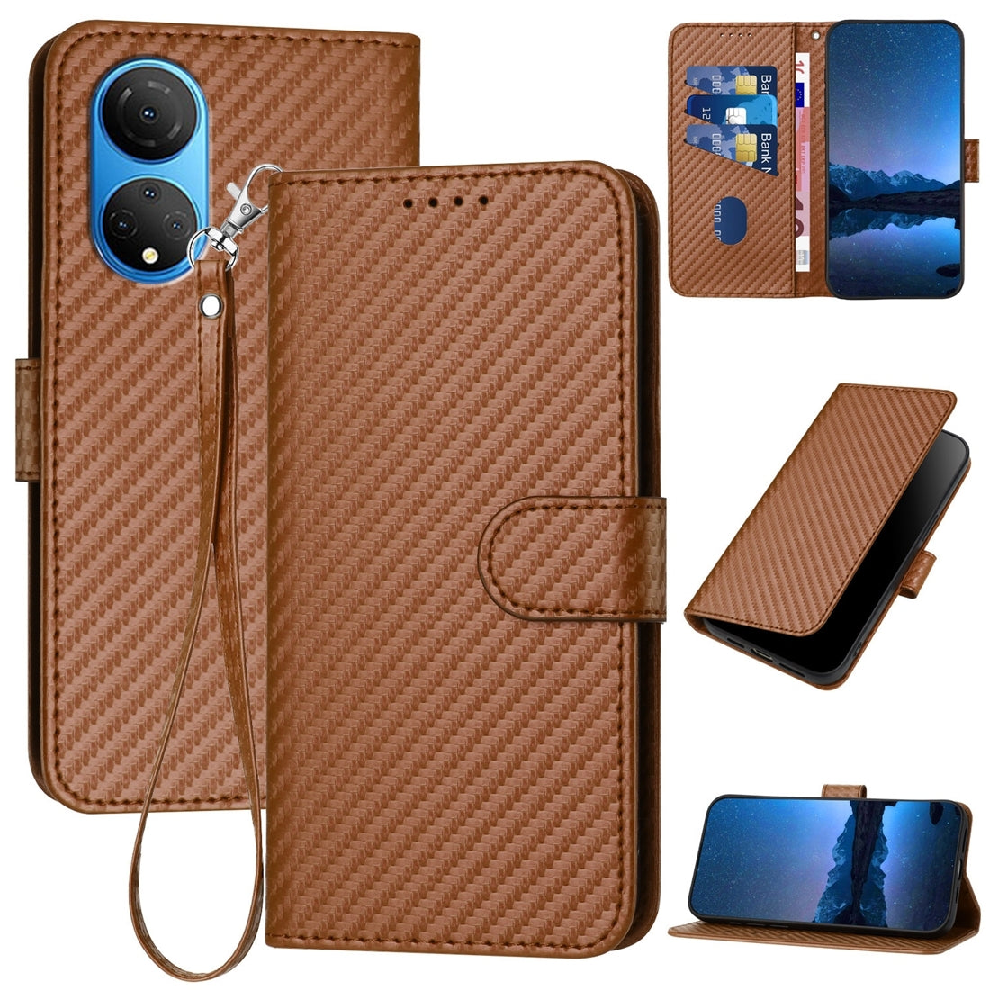 Honor Play 30 Plus Carbon Fiber Buckle Leather Phone Case with Lanyard, PU Leather TPU Wallet Cover with Card Slot, Cash Compartment, Stand Function & Scratch Protection