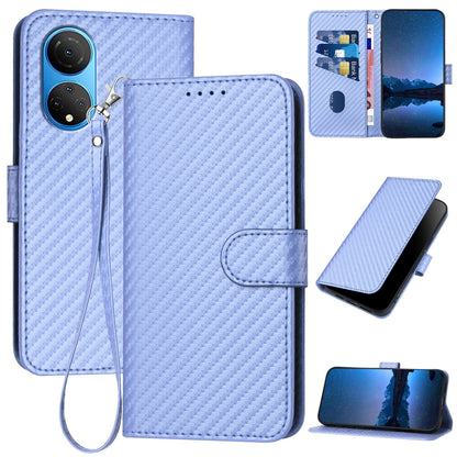 Honor X7 4G Carbon Fiber Buckle Leather Phone Case with Lanyard, PU Leather TPU Wallet Cover with Card Slot, Cash Compartment, Stand Function & Scratch Protection