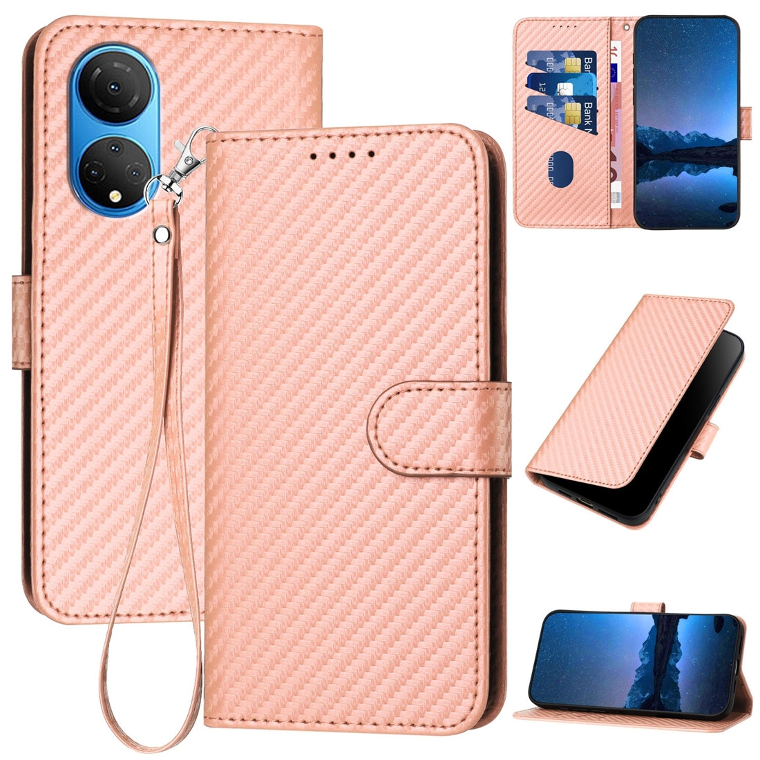 Honor Play 30 Plus Carbon Fiber Buckle Leather Phone Case with Lanyard, PU Leather TPU Wallet Cover with Card Slot, Cash Compartment, Stand Function & Scratch Protection