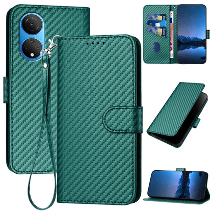 Honor X7 4G Carbon Fiber Buckle Leather Phone Case with Lanyard, PU Leather TPU Wallet Cover with Card Slot, Cash Compartment, Stand Function & Scratch Protection