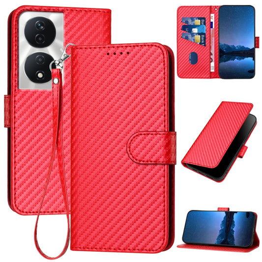Honor X7b 5G Carbon Fiber Buckle Leather Phone Case with Lanyard, PU Leather TPU Wallet Cover with Card Slot, Cash Compartment, Stand Function & Scratch Protection