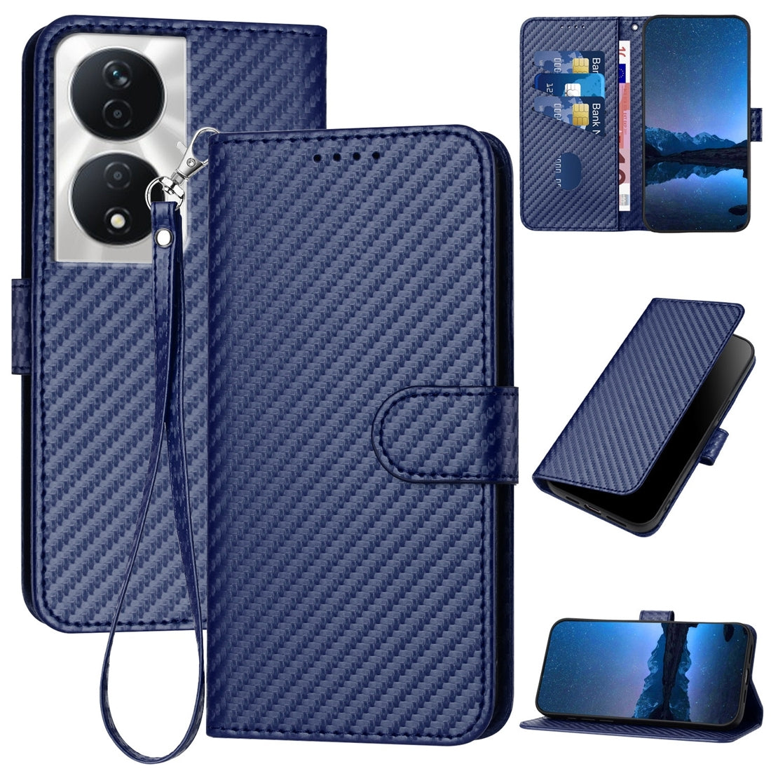 Honor X7b 5G Carbon Fiber Buckle Leather Phone Case with Lanyard, PU Leather TPU Wallet Cover with Card Slot, Cash Compartment, Stand Function & Scratch Protection
