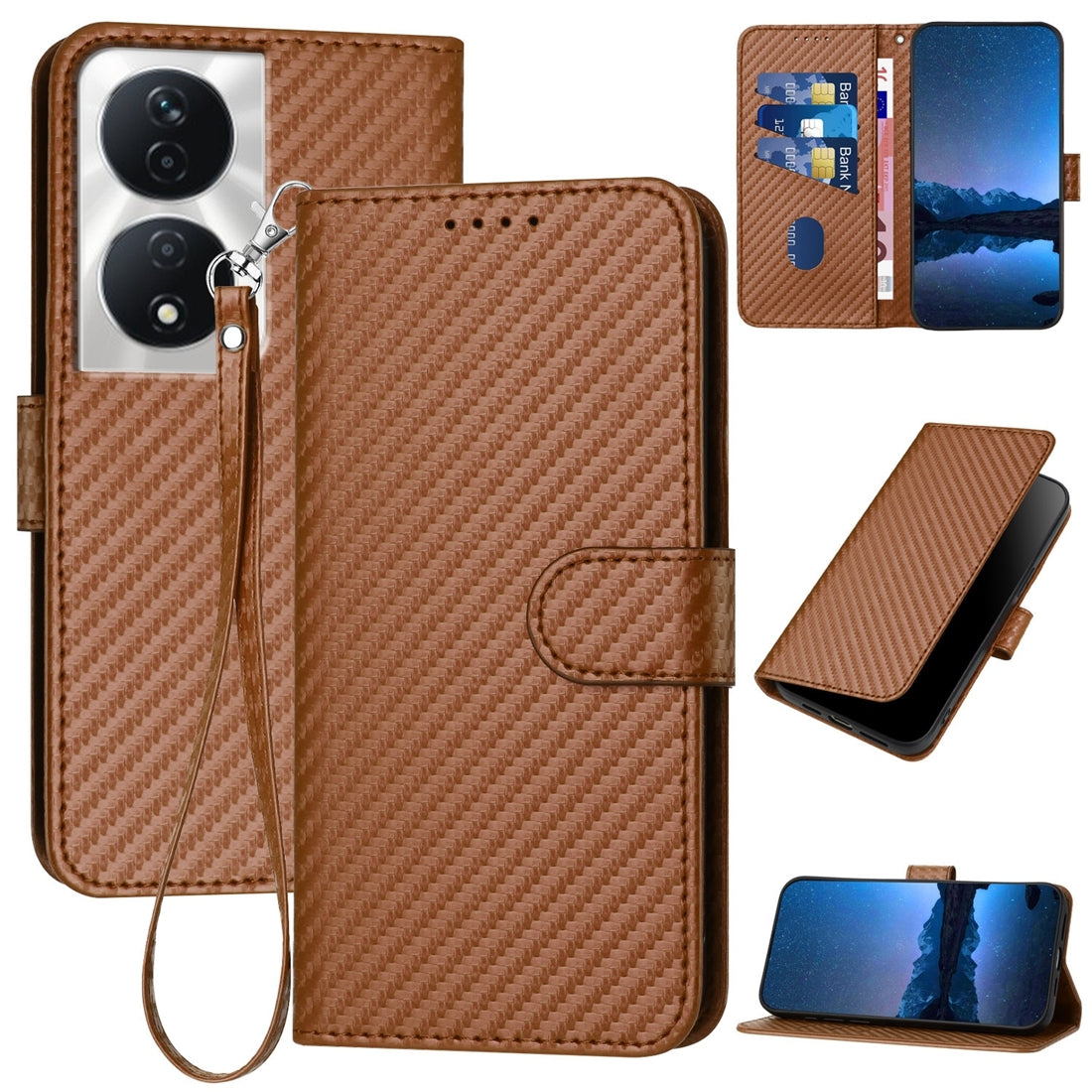Honor X7b 5G Carbon Fiber Buckle Leather Phone Case with Lanyard, PU Leather TPU Wallet Cover with Card Slot, Cash Compartment, Stand Function & Scratch Protection