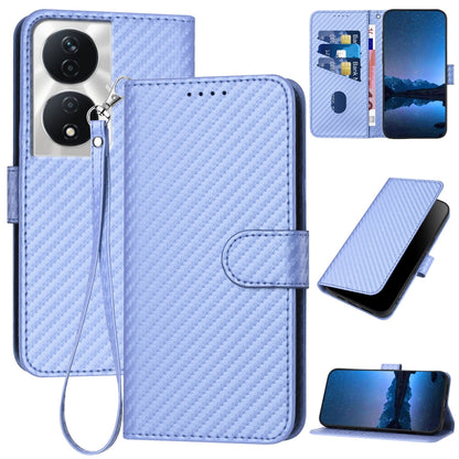 Honor X7b 5G Carbon Fiber Buckle Leather Phone Case with Lanyard, PU Leather TPU Wallet Cover with Card Slot, Cash Compartment, Stand Function & Scratch Protection