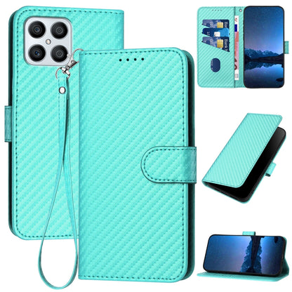 Honor X8 4G Carbon Fiber Buckle Leather Phone Case with Lanyard, PU Leather TPU Wallet Cover with Card Slot, Cash Compartment, Stand Function & Scratch Protection