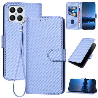 Honor X30i Carbon Fiber Buckle Leather Phone Case with Lanyard, PU Leather TPU Wallet Cover with Card Slot, Cash Compartment, Stand Function & Scratch Protection