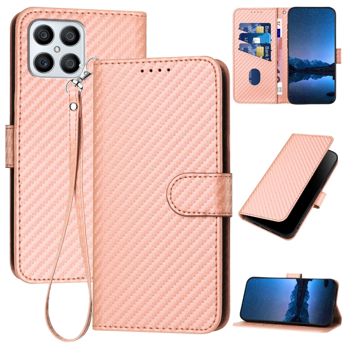 Honor Play6T Pro Carbon Fiber Buckle Leather Phone Case with Lanyard, PU Leather TPU Wallet Cover with Card Slot, Cash Compartment, Stand Function & Scratch Protection
