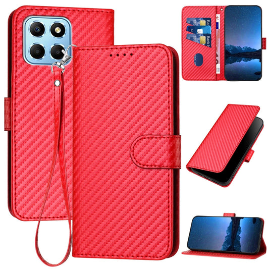 Honor X8 5G Carbon Fiber Buckle Leather Phone Case with Lanyard, PU Leather TPU Wallet Cover with Card Slot, Cash Compartment, Stand Function & Scratch Protection