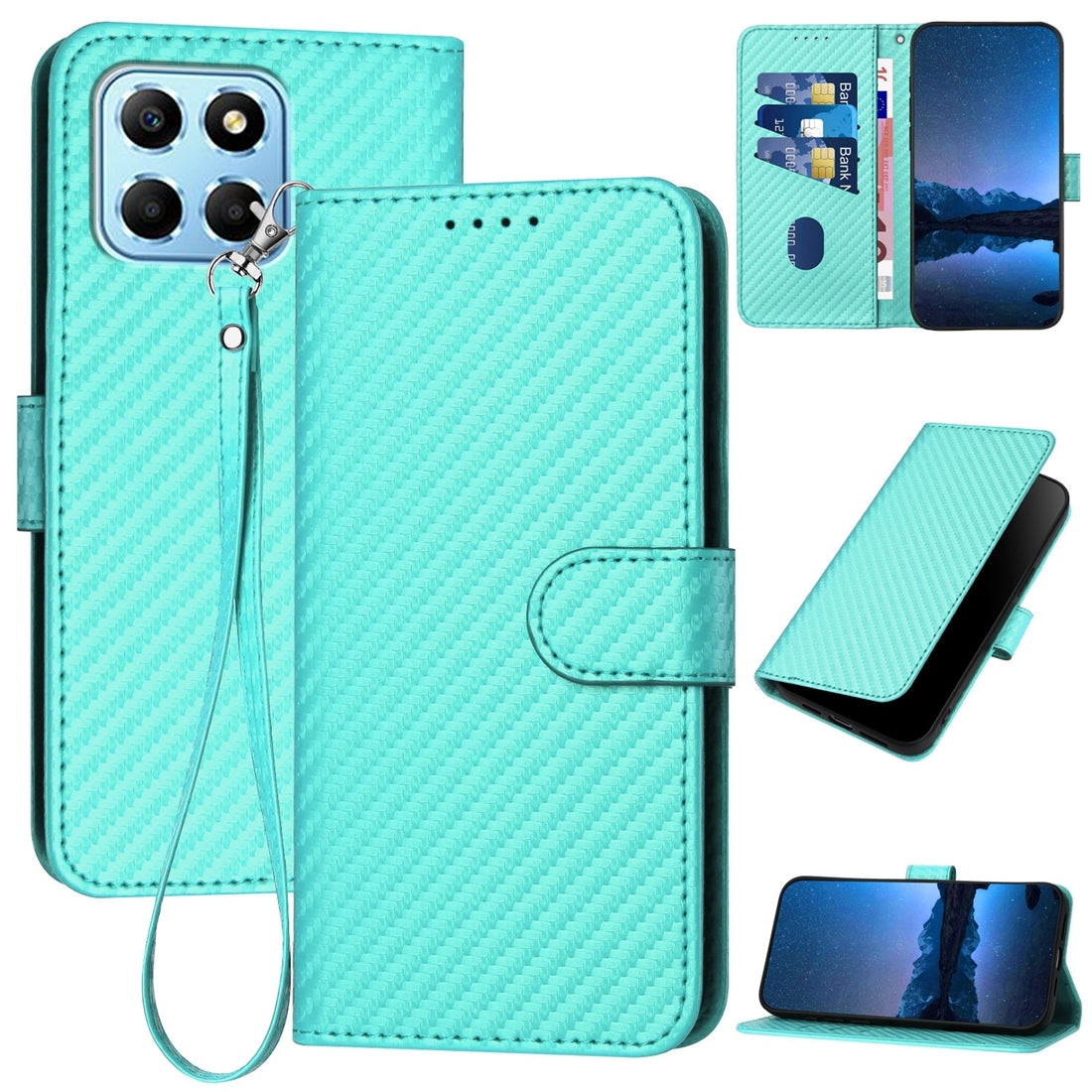 Honor X8 5G Carbon Fiber Buckle Leather Phone Case with Lanyard, PU Leather TPU Wallet Cover with Card Slot, Cash Compartment, Stand Function & Scratch Protection